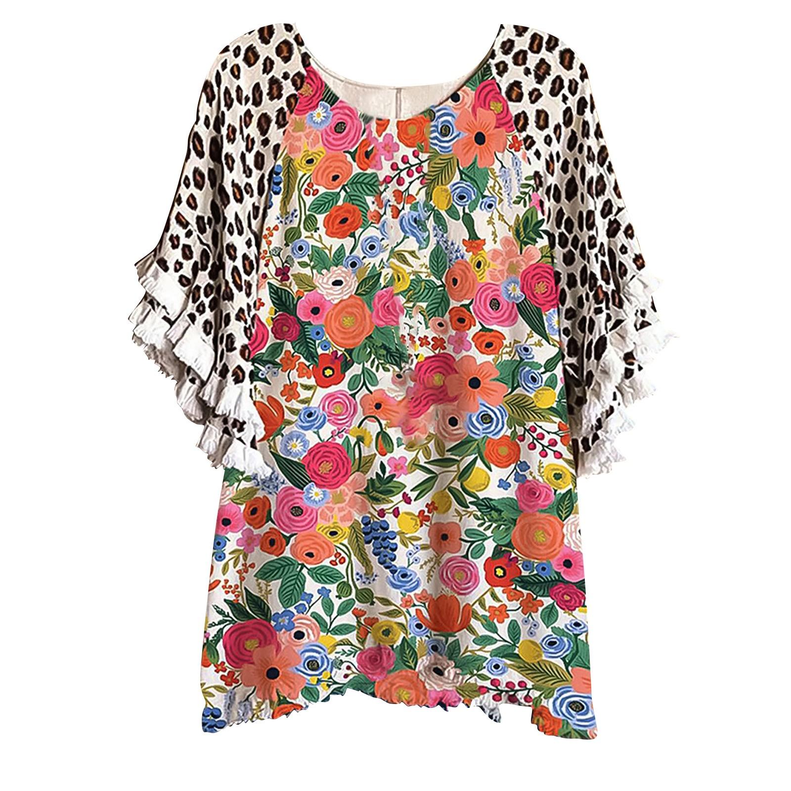 

(SU)Женская футболка в стиле бохо с цветочным принтом, летняя футболка с v-образным вырезом, милая повседневная свободная блузка с рюшами