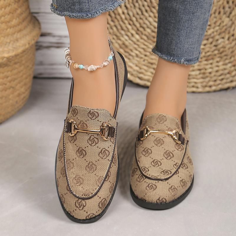 Fashion Print Med Heels Pumps Women 2025 New Metal Decoration Loafers Shoes Woman Slip-On Brand Design Square Heel Slingle Shoes