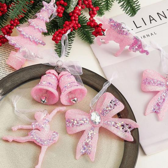 Pink Glitter Christmas Ornaments Acrylic Bow/Bell/Tree/Ballerina Hanging Decorations for Xmas Tree Holiday