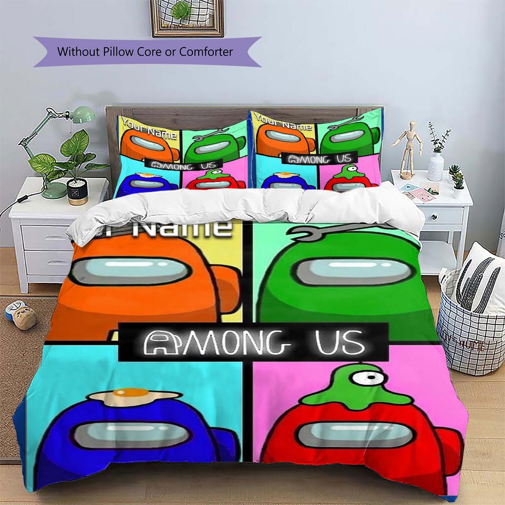 Among Us Custom Name Pattern Bedding,Quilt Set Quilt Cover Pillowcase Home Birthday Gift(1 * Duvet Cover + 2 * Pillowcase, Without Core)