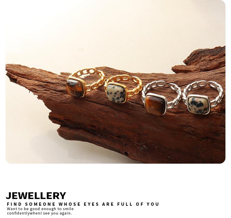 Anel aberto geométrico retrô personalizado com incrustação de pedra natural olho de tigre - A344