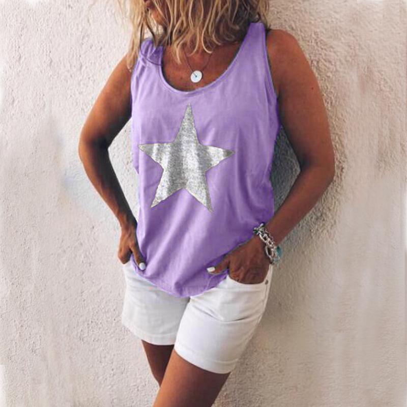 Stylish Plus Size Women Sleeveless Star Print T-shirt In Five Vibrant Colors