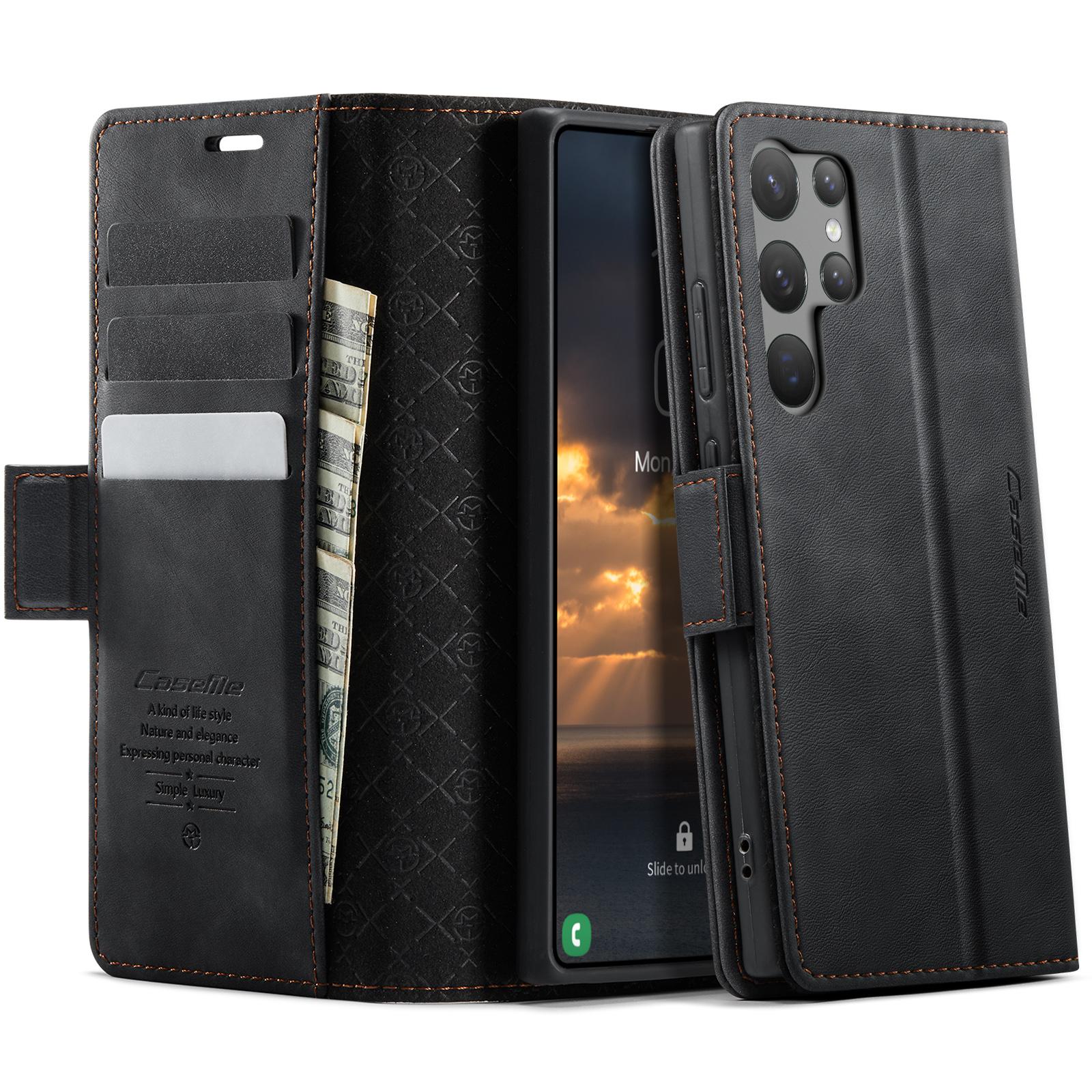 

CASEME 033 Series For Samsung Galaxy S23 Ultra Case RFID Blocking Wallet Stand Calf Texture Leather Phone Cover Black