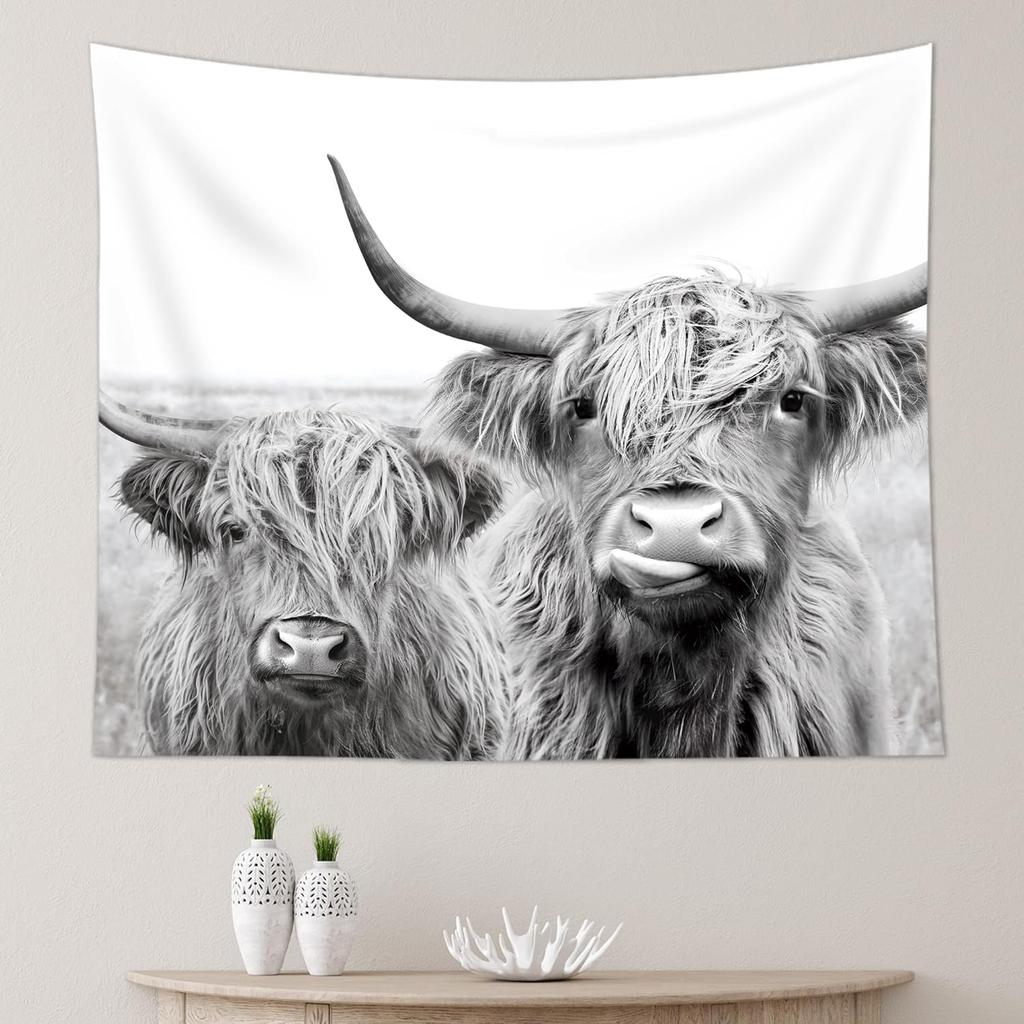 Cute Highland Cattle Close-Up Wall Hanging Tapestry, Grayscale Country Scenery Print Cloth, Unique Aesthetic Decor For Indoor