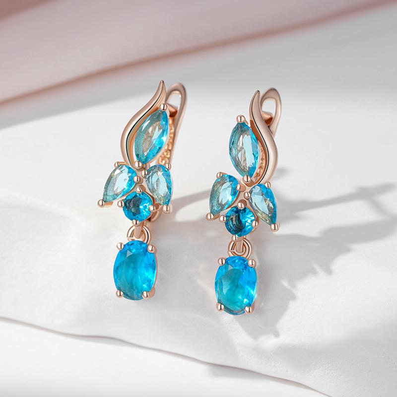 Water Blue Zircon Dangle Earrings For Women Rose Gold Color Long Earrings Fine Jewelry Gift