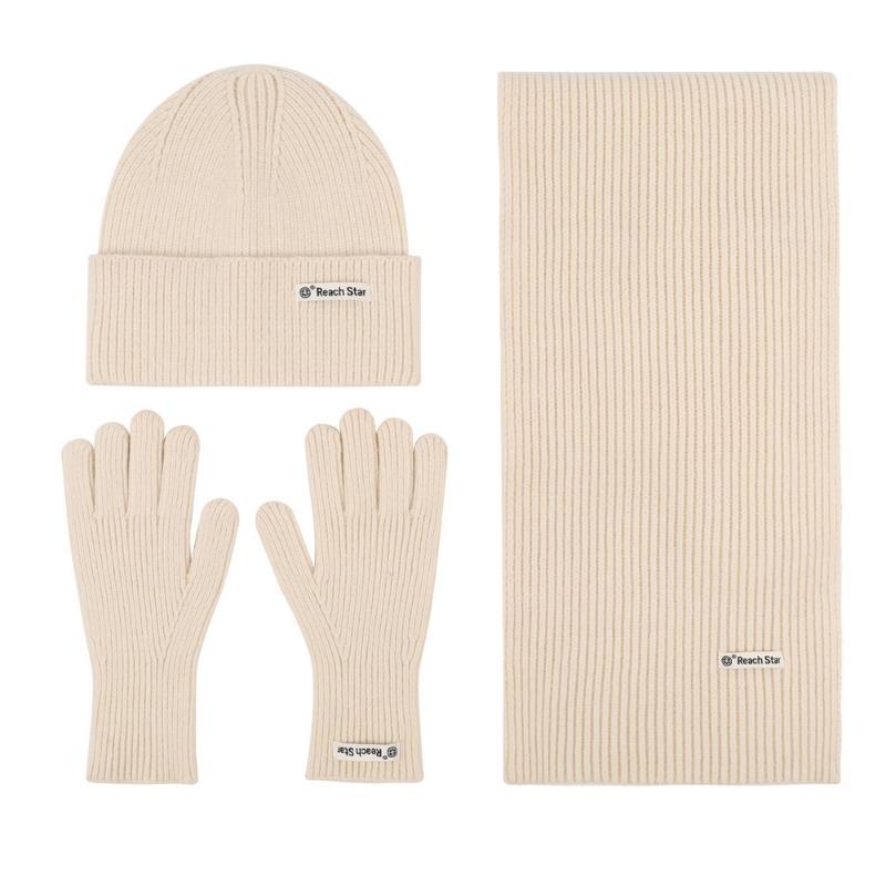 

Однотонный вязаный комплект из трех предметов, теплый и защищающий от холода зимой, утолщенная уличная шерстяная шапка, шарф и перчатки. бежевый