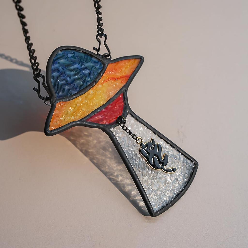 BOXCASA Alien UFO Decor - Stained Glass Window Hanging Suncatcher Showcasing a Cat Abduction Scene, Perfect Alien Lover Gift, Suitable for Alien