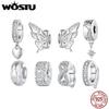 WOSTU 925 Sterling Silver Shiny CZ Silicone Spacer Beads Butterfly Heart Star Charm Pendant Fit Original Bracelet DIY Necklaces