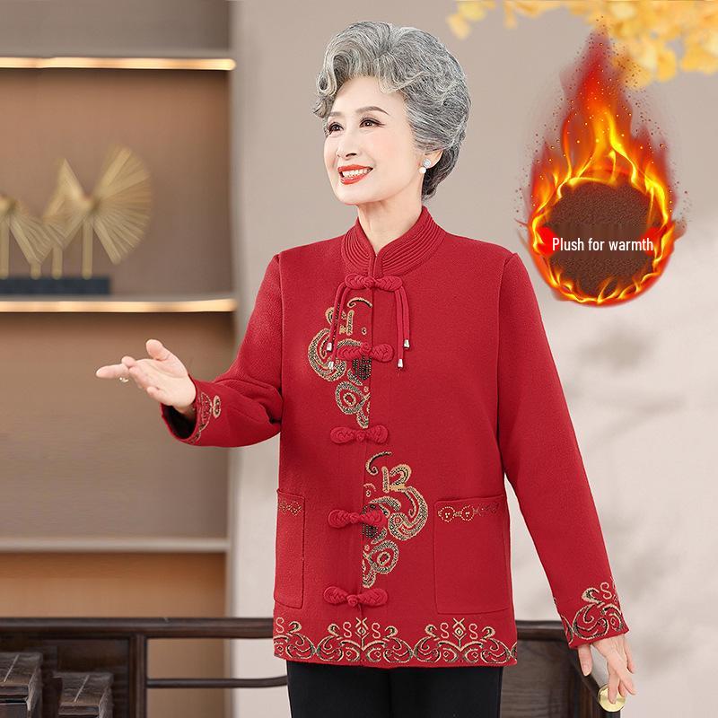 Women's Knitted Jacquard Sweater - Chinese Style Frog Button, Plus Velvet, Autumn/Winter Coat for Middle-aged and Elderly