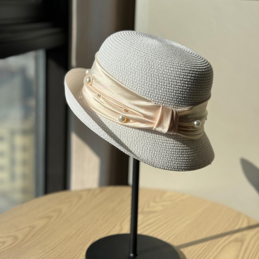 French Pearl Webbing Rolled Up Topper Women's Summer New Beach Seaside Vacation Sun Hat
