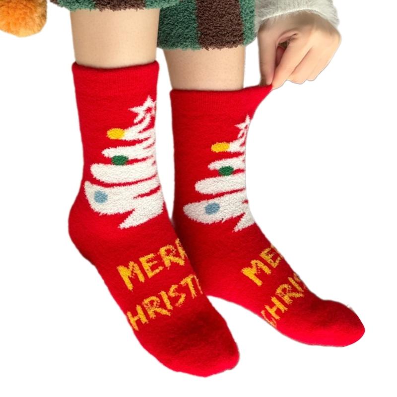 Coral Fleece Floor Crew Socks Christmas Pattern Winter Thermal Warm Fuzzy for Women Men Winter Indoor Slipper Hosiery