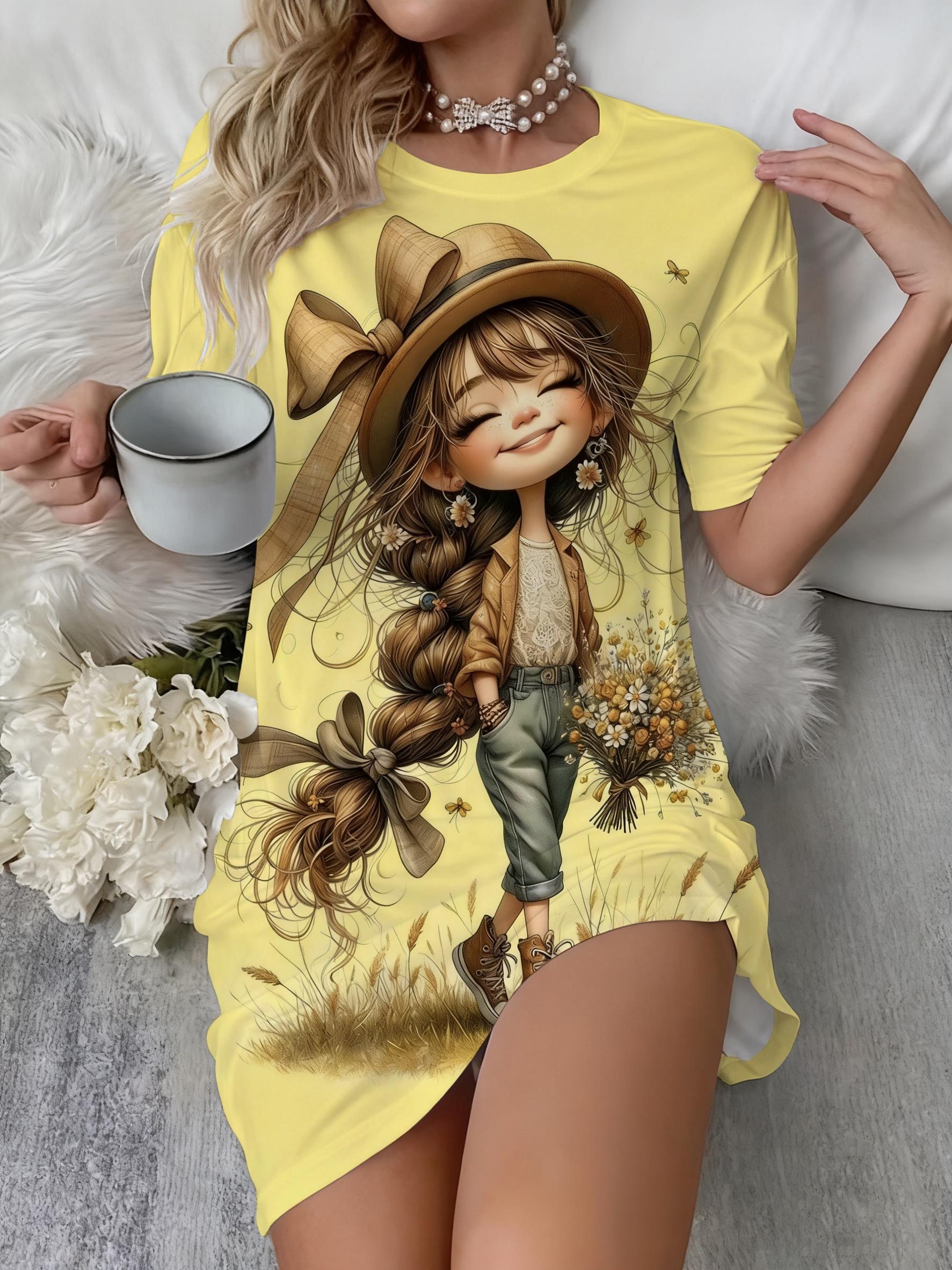 

A Comfortable Short-sleeved Nightgown and Dress with a Cute Pattern Print. Featuring a Lady Strolling Through the Fields L дубильная кора