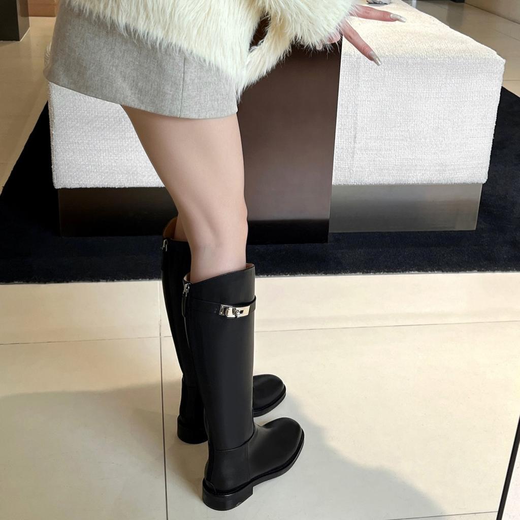 Wersja ze skóry bydlęcej~ Gruba podeszwa blokowa, aby zwiększyć wysokość i wysmuklić długie nogi 2025 jesień i zima długie damskie kozaki kozaki wysokie i wysmukłe kozaki długie