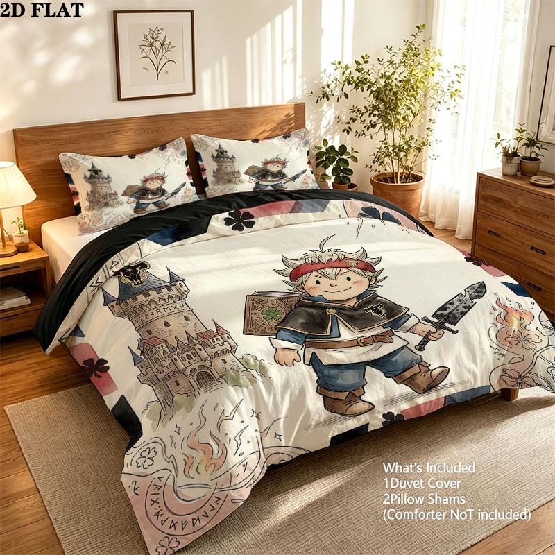 Black Clover Pattern Bedding Quilt Set Quilt Cover Pillowcase Home Birthday Gift(1 * duvet cover + 2 * pillowcase, without core)