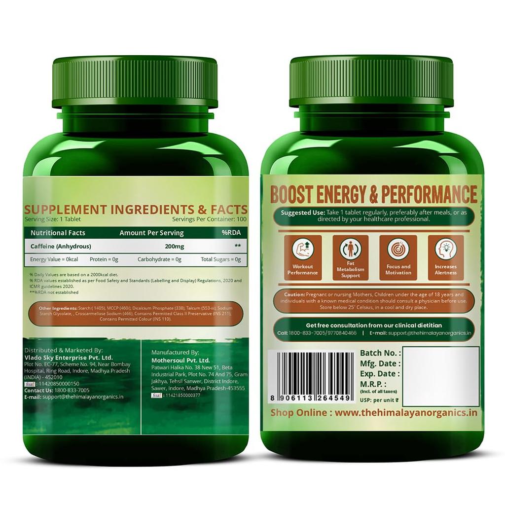 Vlado's Himalayan Organics Caffeine 200mg Tablets For Energy Focus And Pre Workout Support - 100 Veg Tablets
