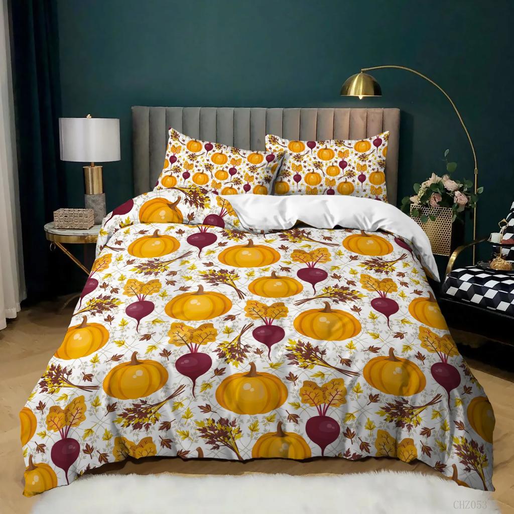 Pumpkin Duvet Cover Set Pumpkin Harvesting Holiday Halloween Thanksgiving Theme Bedding Set Microfiber Queen Size Quilt Cover
