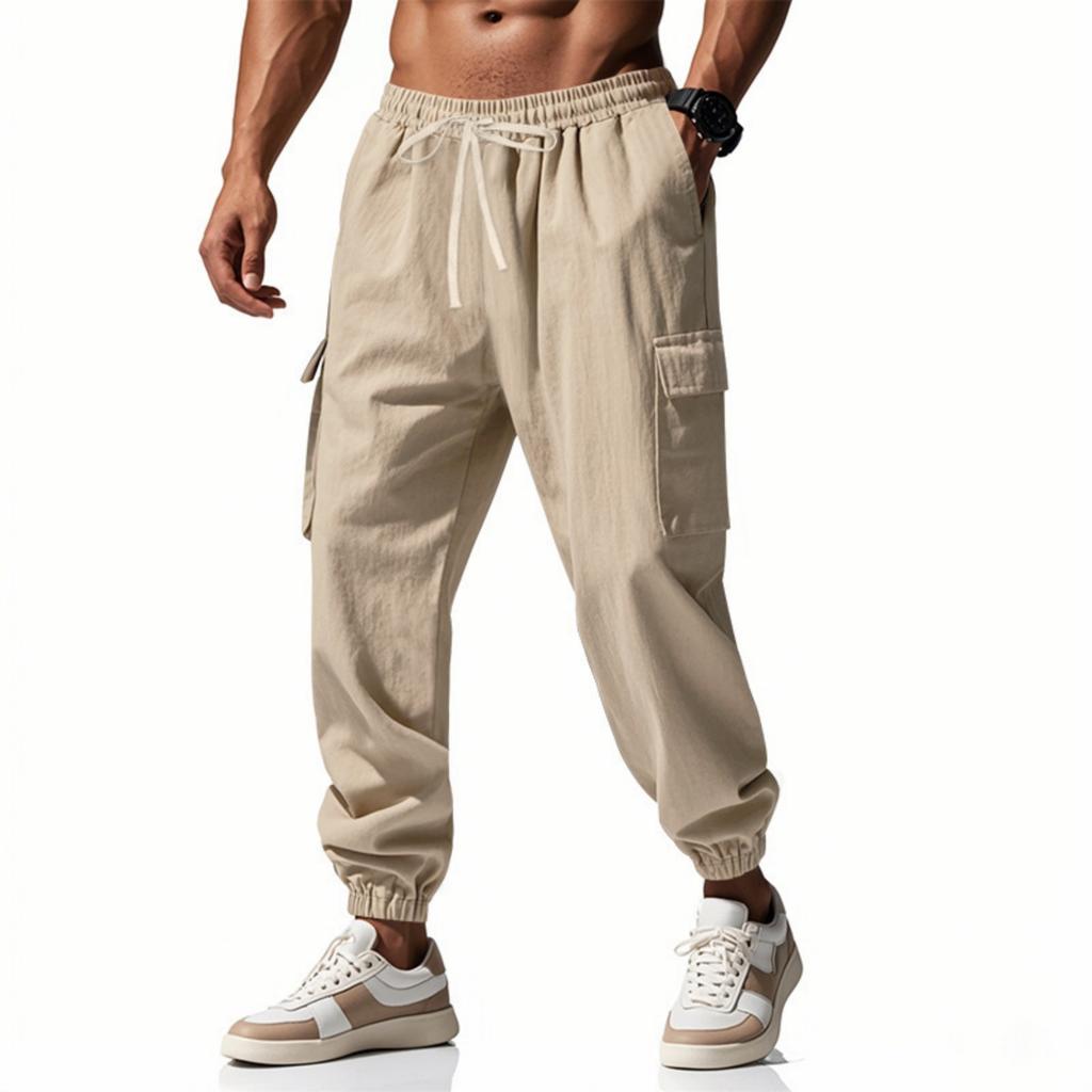 Men Linen Jogger Pants Relaxed Fit Outdoor Cargo Trousers Elastic Waist Drawstring Cuffed Hem Lightweight Casual Bottoms