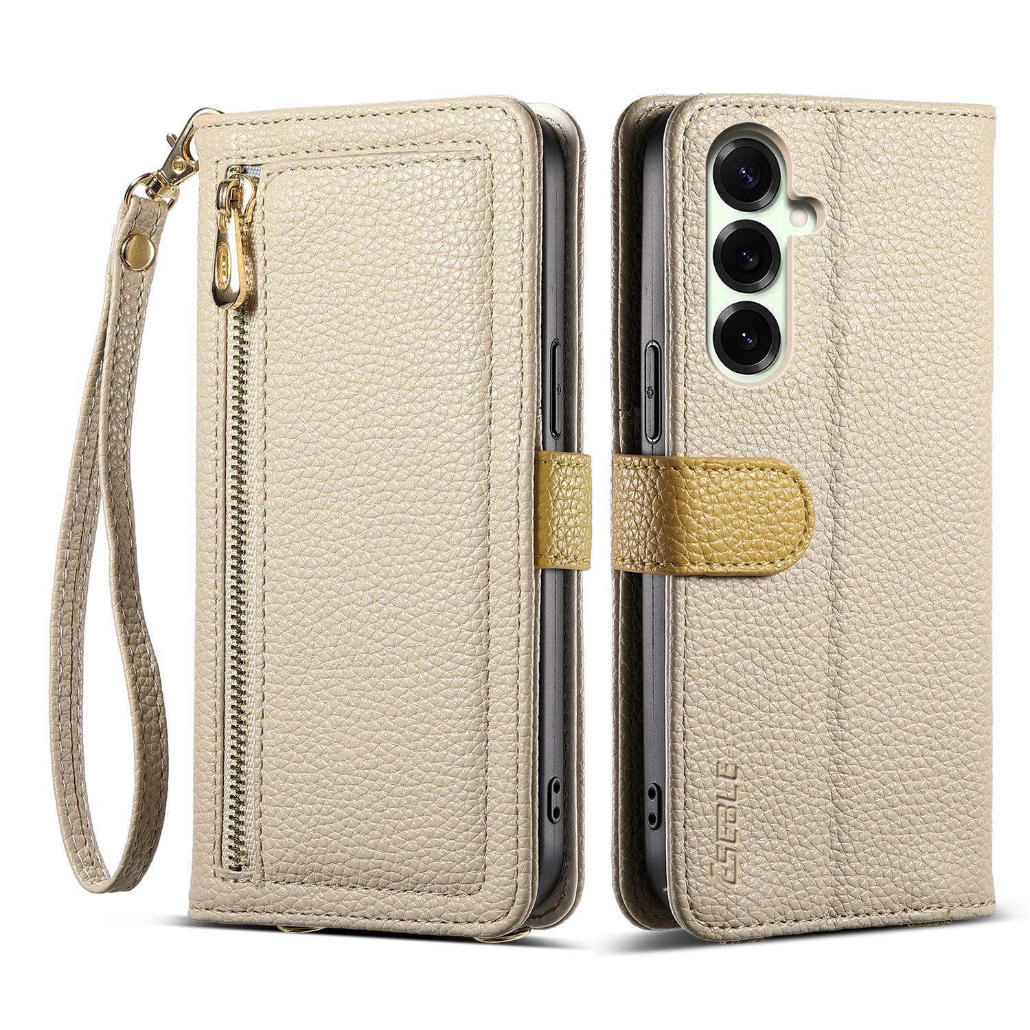 

ESEBLE E11 For Samsung Galaxy S23 FE Case Zipper Pocket Litchi Texture Leather Phone Cover with Mirror and Wrist Strap Khaki