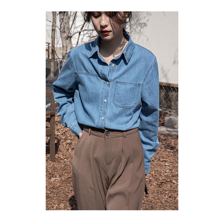 Damska koszula dżinsowa z długim rękawem - Wiosna/Jesień 2025 Retro francuski dopasowany krój