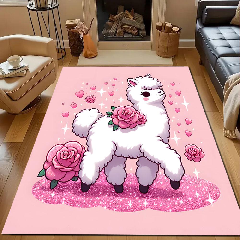 Fluffy Alpaca with Roses and Hearts Patterned carpet, non slip mat suitable for living room and bedroom sofas
