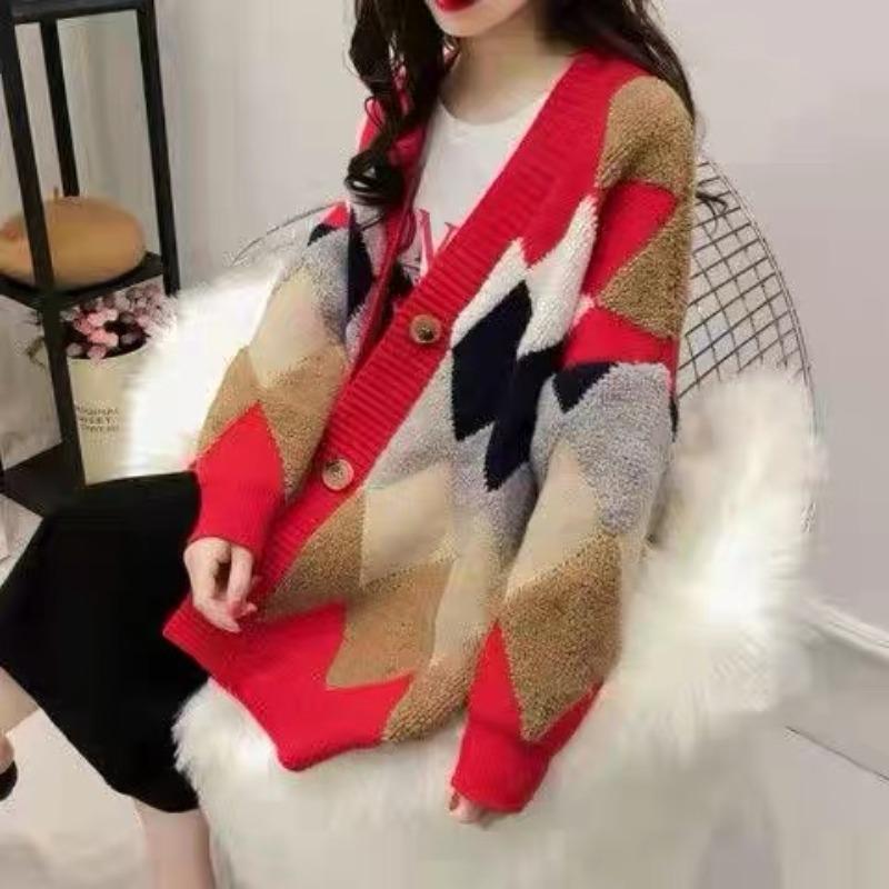 Jachetă Pulover Toamnă Femei Mânecă Lungă Larg Tricotat Cardigan Palton Argyle Casual Mărimi Mari Pulovere Femei Modă Iarnă Cardigane Femei Topuri 24947