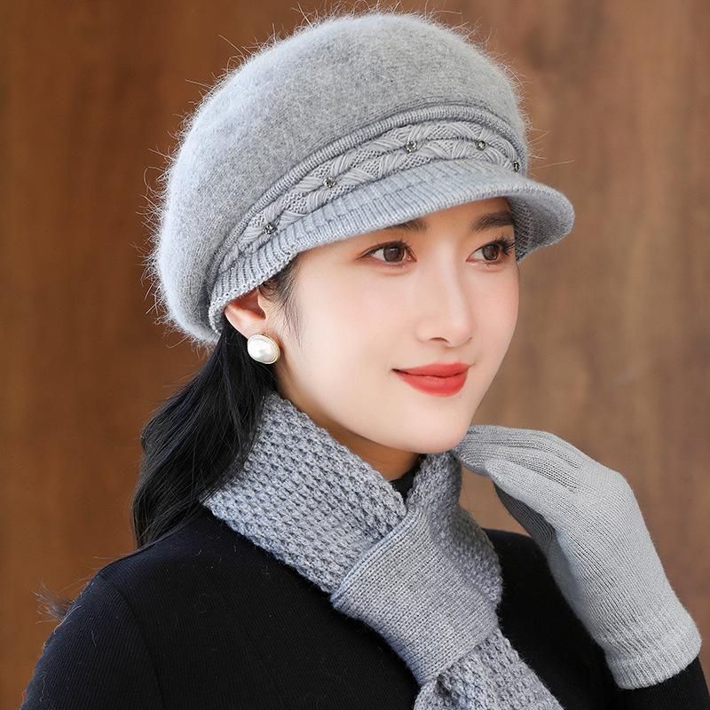 Knitted Hat Women's Fashion with Plush Windproof Duck Tongue Knitted Hat Middle Aged and Elderly Grandma Hat