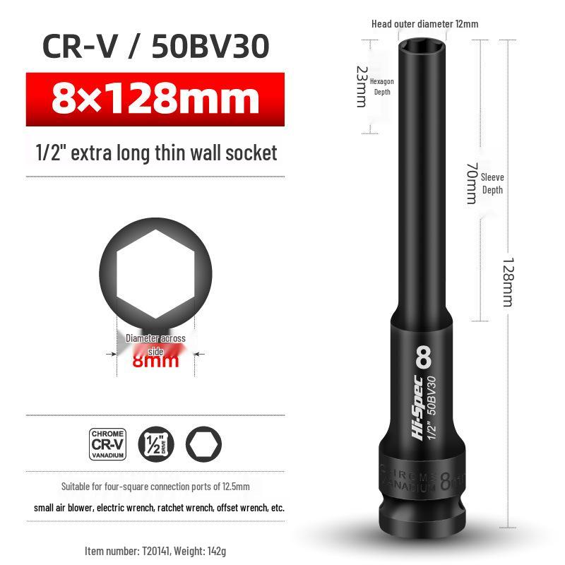 Extended Thin-Walled Hexagonal Air Impact Socket Wrench for 8/10 Motorcycle Disassembly and Repair