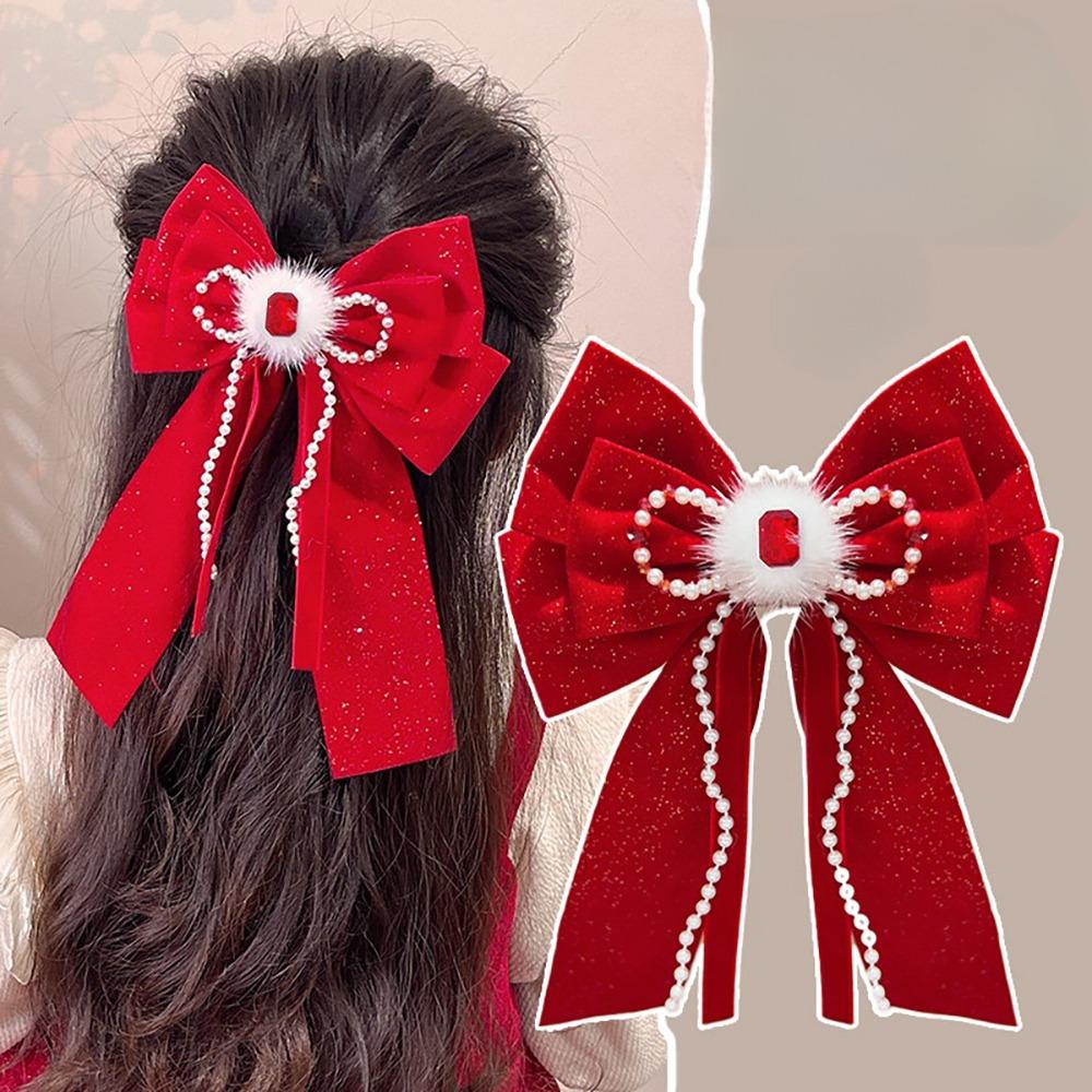 Headwear Red Bow Hair Clips Jewelry Tassels Pearl Barrettes Ribbon Hairpin  Hair Styling Accessory