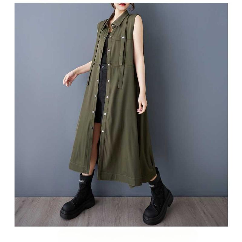 

Весенне-летнее платье-рубашка с жилетом, модное миди, тонкое пальто, длинная юбка One size армия зеленый