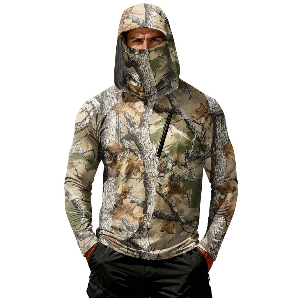 Men's Casual Leaf Camouflage Print Hooded Long Sleeve Sun Protection Shirt Lightweight Breathable Outdoor Pullover Top