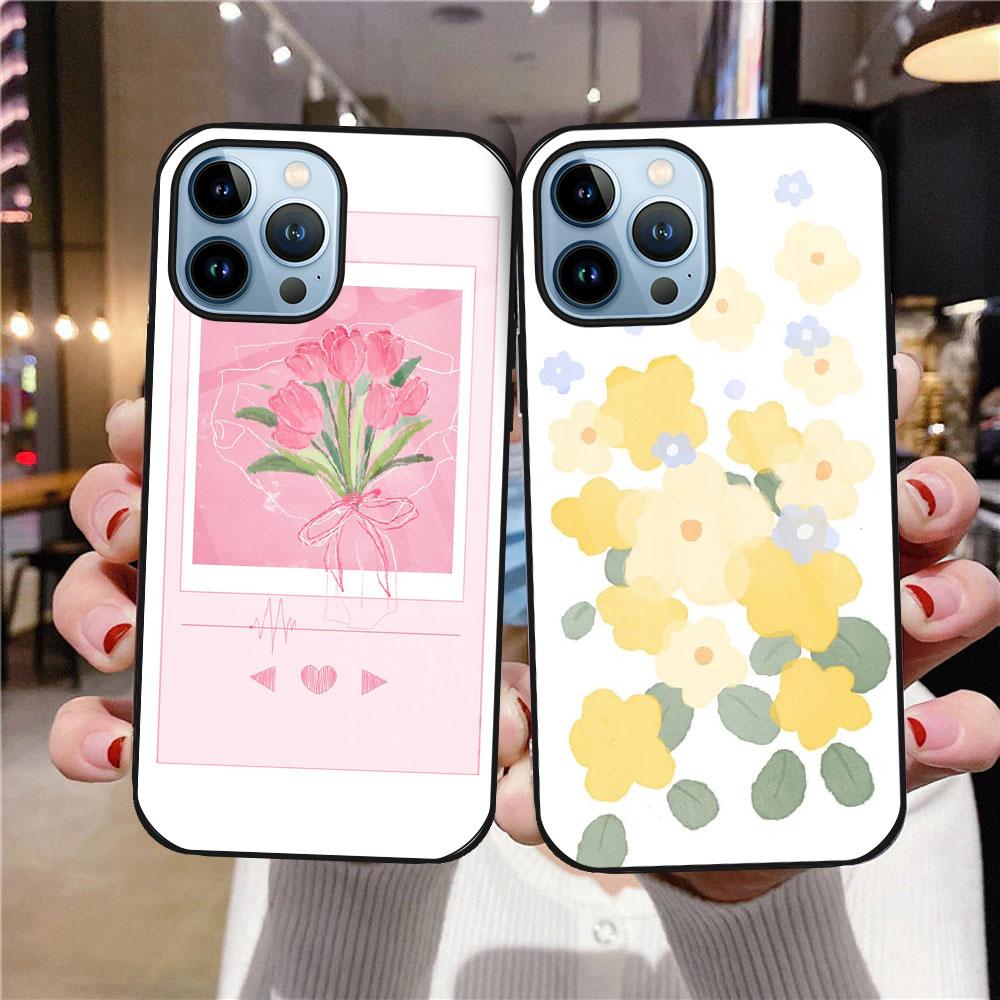 Flowers And Plants Case For Iphone 11 14 13 12 Pro Max Mini Xs Xr X 7 8 6s Plus Se 2022 Tempered Glass Protection Cover Fundas