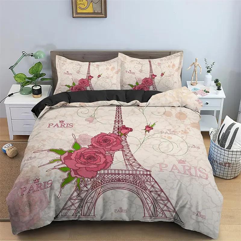 Paris Eifel Tower Twin King Soft Duvet Cover Romantic Theme Swet Couple Beding Set Microfiber Flower Warm Comforter Cover For Girl Ten
