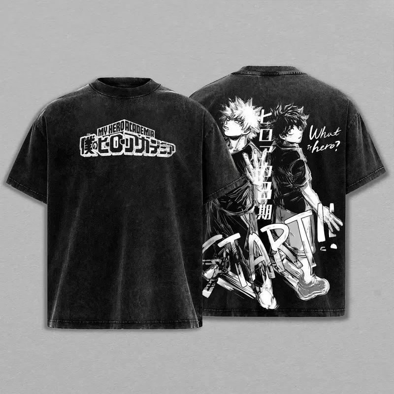 My Hero Academia Bakugou Katsuki Midoriya Izuku Printed Tee Men Women Retro Washed T-shirts Cotton T Shirt Harajuku Male Tshirt S 1990₽