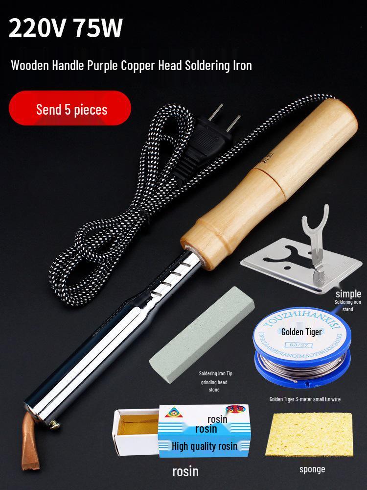 High-Power Electric Soldering Iron Set with Wood Handle - Purple Copper Bent Flat Tip for Household Electronics Repair.