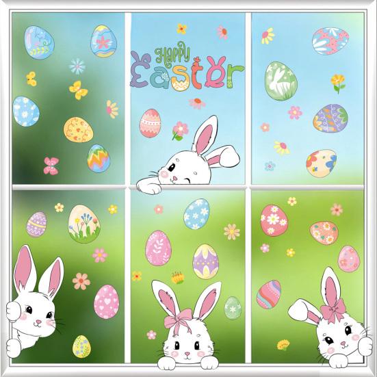 6 Sheets Easter Bunny Window Cling Removable Waterproof PVC Flower Colorful Egg Rabbit Static Glass Sticker Spring Easter Holiday Decoration Decal