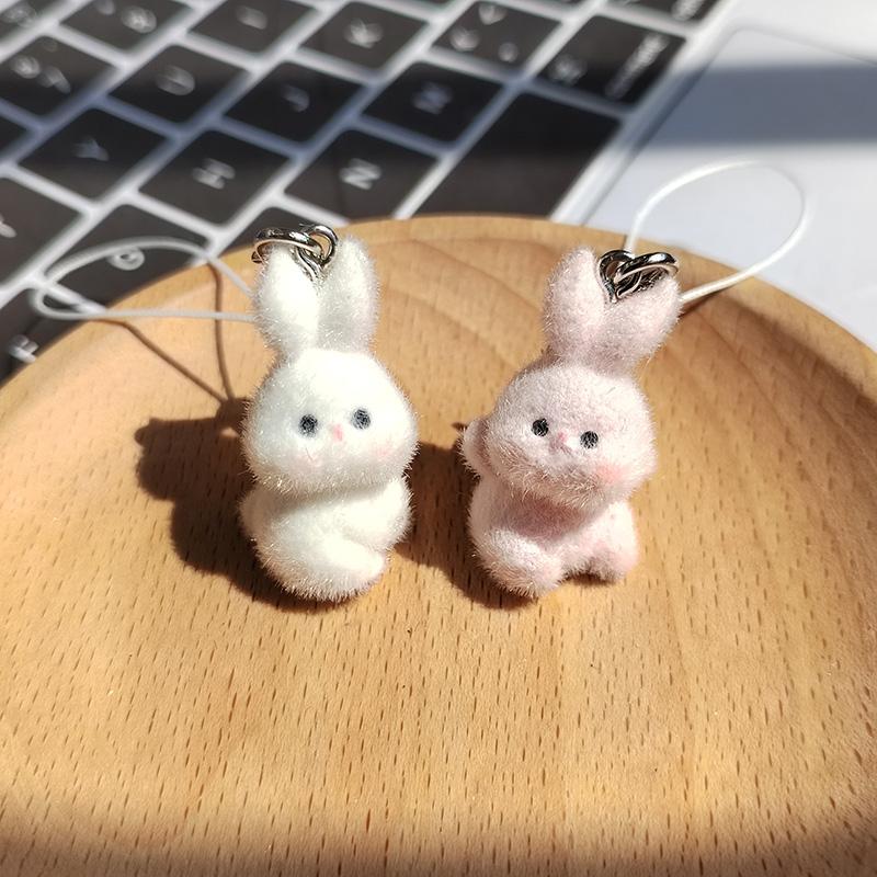 Resin Fluffy Cute Abashed Rabbit Keychains Phone Lanyard For Friend Gift Lovely Bunny Animal Pet Pendant Bag Earphone Case Chain