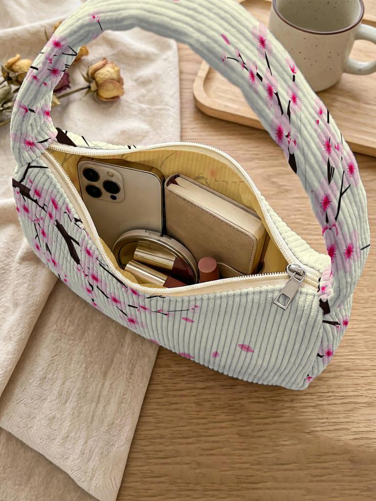 Trendy Cherry Blossom Print Shoulder Bag, Corduroy Underarm Bag for Daily Casual Use
