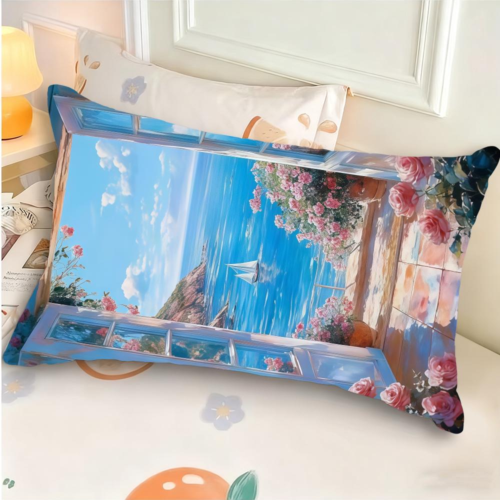 Romantic CoastalPink Roses Tranquil Blue Waters Cushion Cover Rectangle Pillow Case Printing Bedside Sofa Decoration Pillowcase