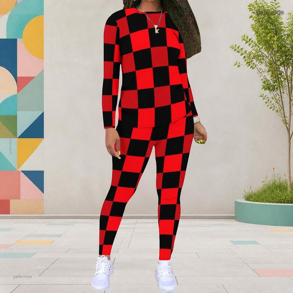 Women Plus Size Red Black Checkered Printed Round Neck Long Sleeve Two Piece Pants Set