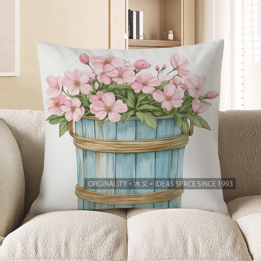 Home Decor Blue Bench With Pink Flowers Throw Pillow Pattern Cushion Cover Suitable For Sofa Bedroom Car Pillow Cover