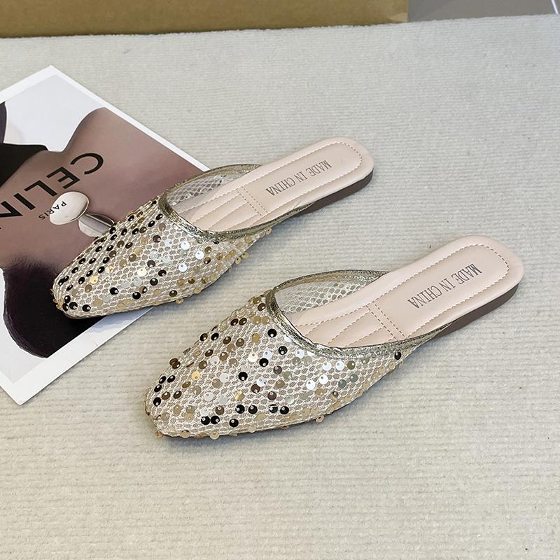 Fashion New Baotou Slippers Spring Square Head Shallow Mouth Glitter Mesh Cover Feet Soft Sole Anti-slip Wear-resistant Flat Shoes