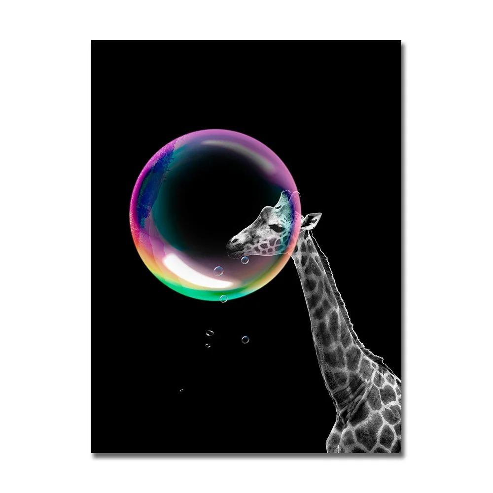 Black Cat with Colorful Bubbles Poster Cute Animal Giraffe Elephant Lion Posters and Prints Wall Arts Canvas Painting Home Decor