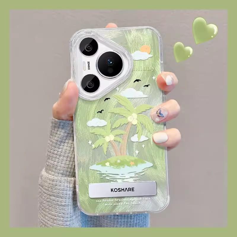 Suitable for Huawei P40/60pro Mobile Phone Case Summer Vivos 15 Green Coconut Tree Stand Oppo Feather Yarn Xiaomi 14