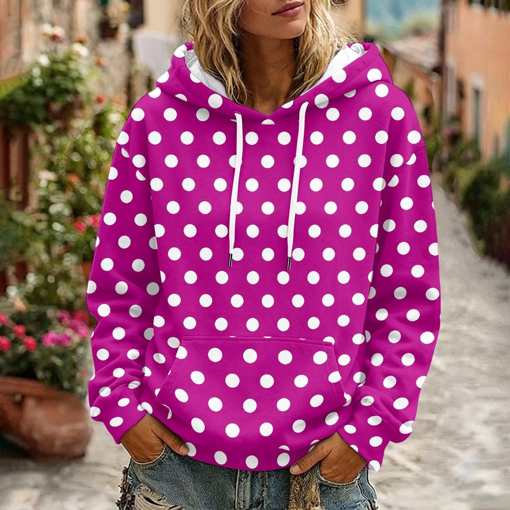 Women's Polka Dot Print Hooded Long Sleeve Sweatshirt with Pocket and Casual Top