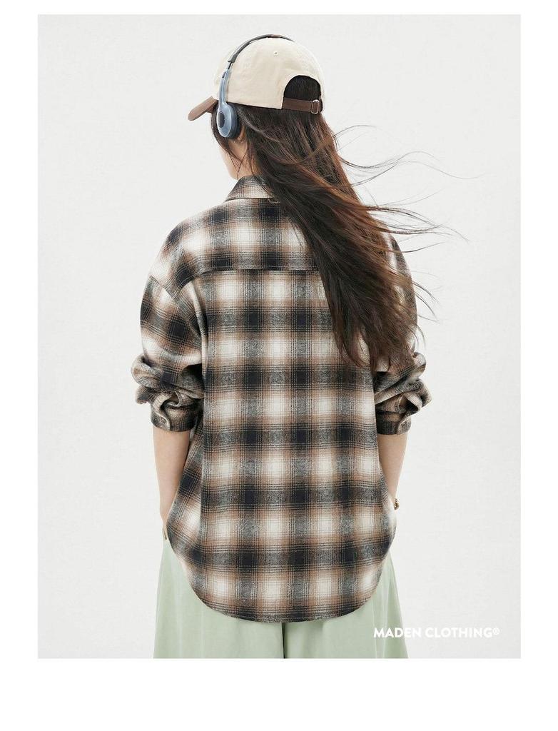 Women's Retro Plaid Brushed Cotton Shirt Jacket with Lapel - Long Sleeve, Spring