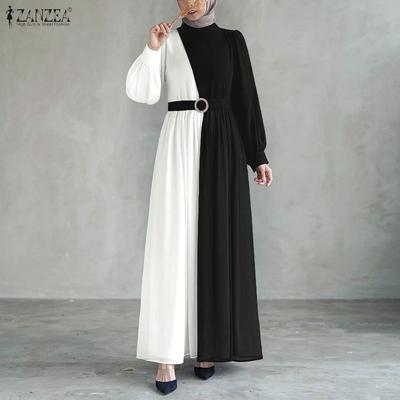 Women Casual Round Neck Long Sleeve Loose Patchwork Long Dress