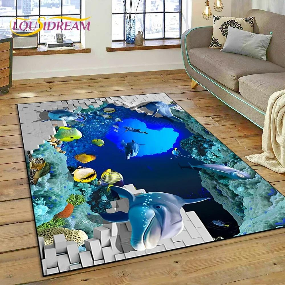 Tappeto Tappeto Decorazione Tappetino per Pavimento Decorazione Cartoon Mondo Sottomarino Illusion 3D Fondo Marino Squalo Delfino per Camera da Letto Soggiorno Divano, Decorazione Bambino