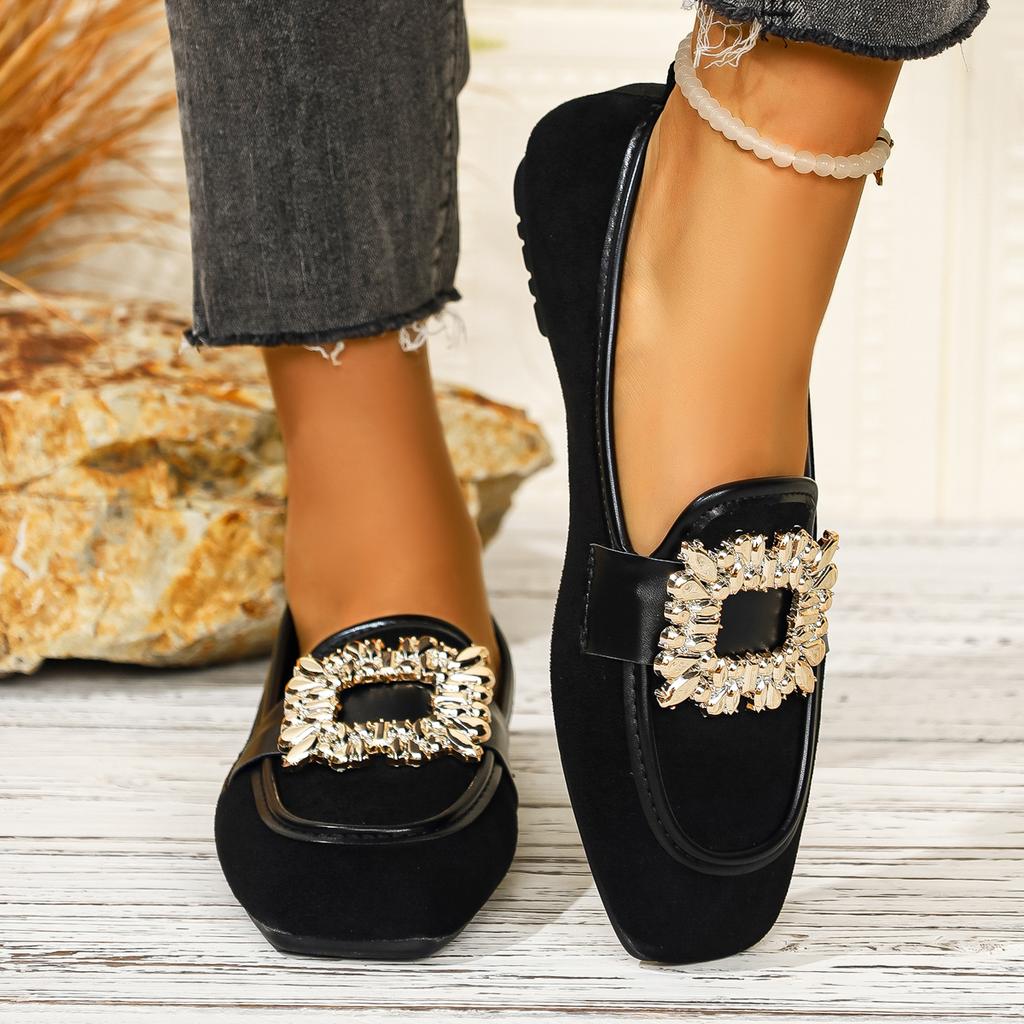 New Square Toe Rhinestone Square Buckle Single Shoes New Leopard Pattern Fashion Flat Shoes for Women In Spring Summer Autumn
