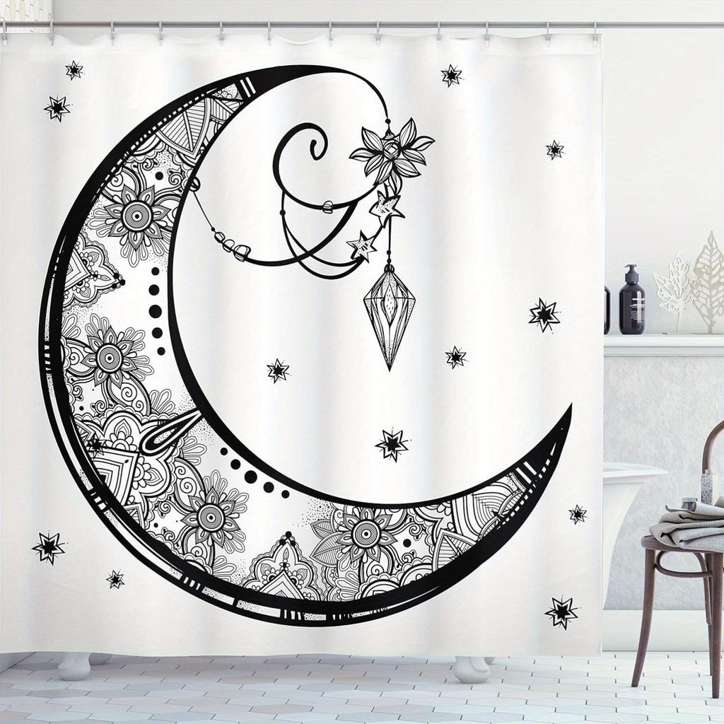 Black & White Paisley Floral Moon Shower Curtain - Crescent Gem Astrology Design, Elegant Polyester, Mystical Bath Decor