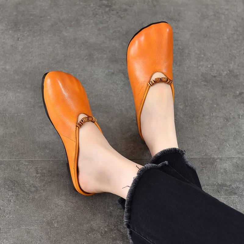 Johnature Women's Shoes Genuine Leather Flat Slippers Round Toe Versatile Casual Solid Color Outdoor Slides